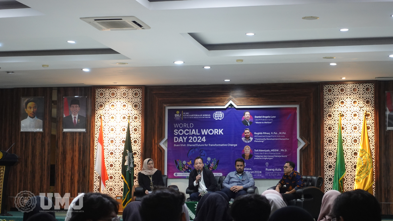 kuliah umum Program Studi Ilmu Kesejahteraan Sosial Fakultas Ilmu Sosial dan Ilmu Politik Universitas Muhammadiyah Jakarta (Kessos FISIP UMJ) dalam peringatan Wolrd Social Work Day (WSWD) 2024 di Aula Kasman Singodimedjo, Selasa (19/3/2024). (Foto: Fazri Maulana)