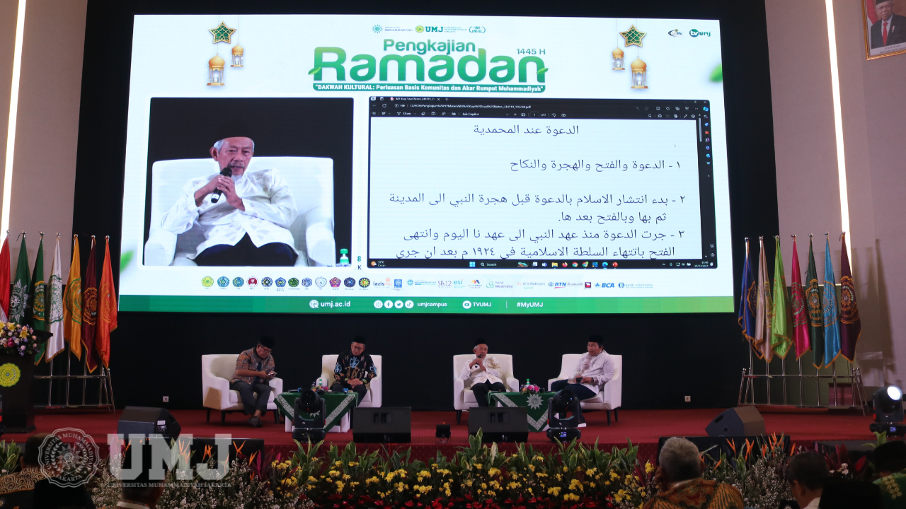 Dr. KH. Saad Ibrahim, MA., Prof. Dr. Zakiyuddin Baidhawy, M.Ag., dan Prof. Dr. Ahmad Dahlan, M.Si., saat menyampaikan materi Pengkajian Ramadan 1445 H, di Auditorium KH. Ahmad Azhar Basyir, Gedung Cendekia UMJ, Selasa (19/03/2024). (Foto : KSU/Alvin Lazuardy)