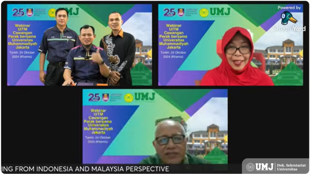 Prof. Dr Ari Widyati Purwantiasning, MATRP (atas kanan) dan Dr. Ashadi, M.Si (bawah) melakukan presentasi dalam acara Acara Webinar Sharing Knowledge Profession antara UMJ dan UiTM pada Kamis, (24/10/2024) (Foto : Dok. Pribadi)