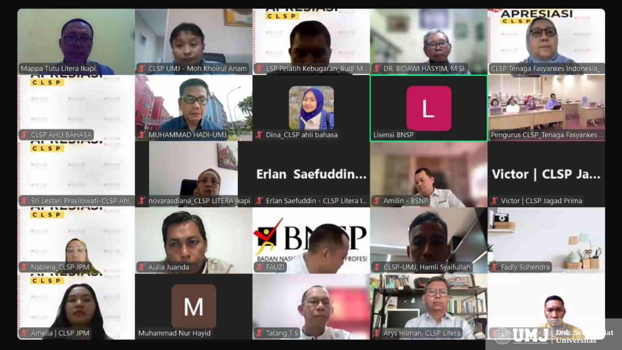 Kegiatan Apresiasi Calon Lembaga Sertifikasi Profesi (CLSP) Universitas Muhammadiyah Jakarta (UMJ) oleh Badan Nasional Sertifikasi Profesi (BNSP) secara daring via Zoom Meeting, Rabu (05/03/25). (Foto: Dok. Pribadi)