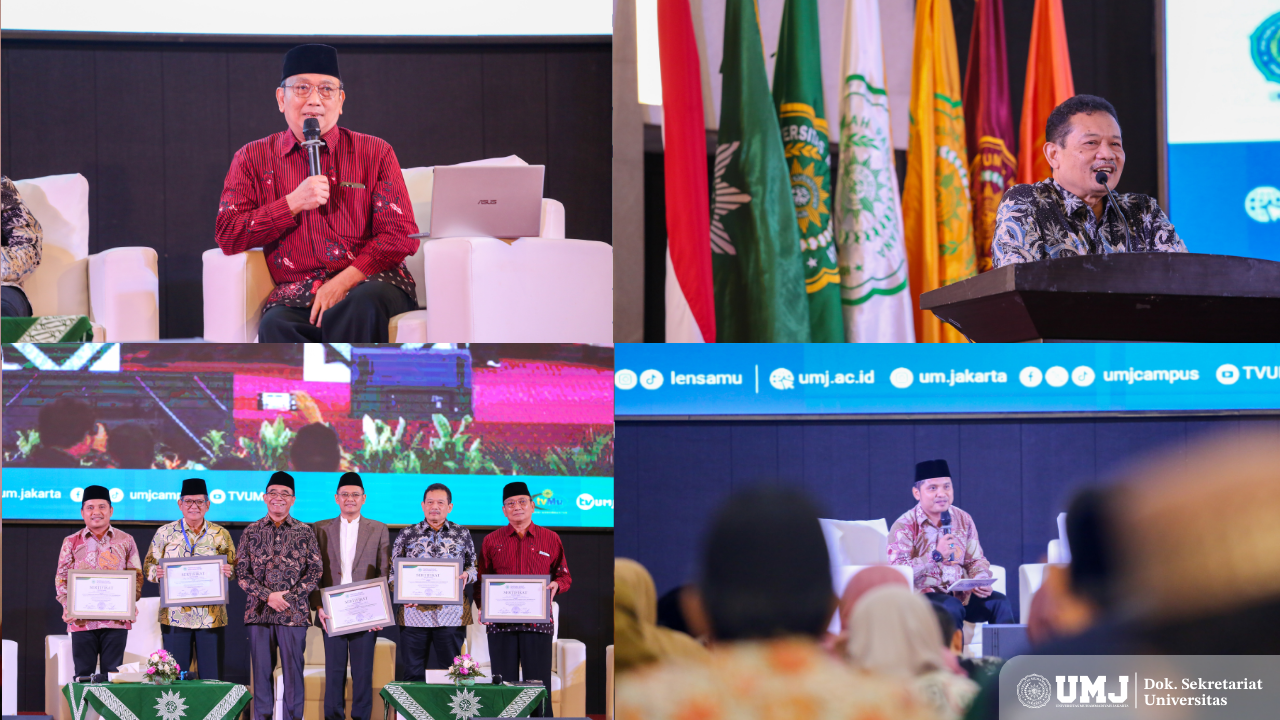 Dr. M. Nurul Yamin (batik merah), Dr. Didik Suhardi (atas kanan) dan narasumber lainnya serta moderator Dr. Septa Candra dalam acara Pengkajian PP Muhammadiyah 1446 H di Auditorium KH. Ahmad Azhar Basyir Gedung Cendekia. Sabtu (8/03/2025). (Foto: KSU/Fahmi)