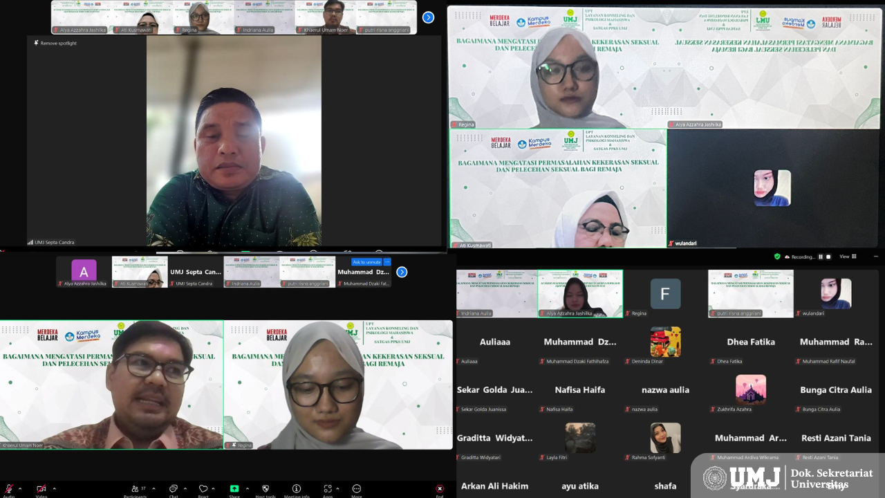 Diskusi Publik Pencegahan Pelecehan dan Kekerasan Sosial Unit Pelaksana Teknis Lembaga Konseling dan Psikologi Mahasiswa (UPT LKPM) bersama Satuan Tugas Pencegahan dan Penanganan Kekerasan Seksual (Satgas PPKS) Universitas Muhammadiyah Jakarta secara daring. Sabtu (19/4/2025). (Foto:Screenshoot Webinar/UPT LKPM)