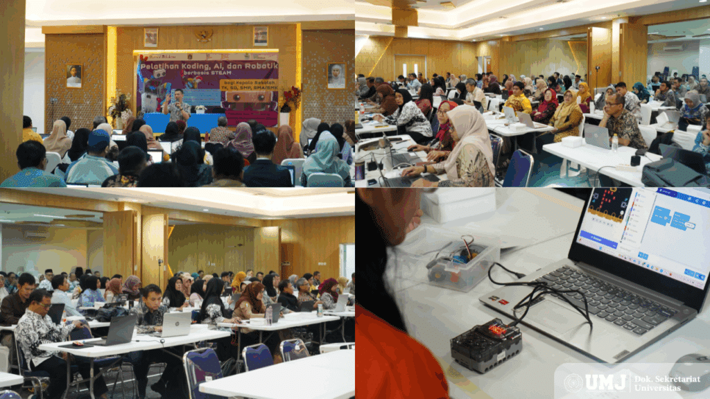 Rangkaian kegiatan Workshop Pengenalan Pembelajaran Koding, AI dan Robot berbasis STEAM , yang dilaksanakan selama empat hari sejak Senin hingga Kamis (24-26/06/2025), di Aula Fakultas Kesehatan Masyarakat UMJ.