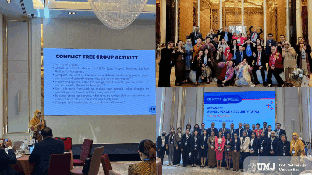 Dosen Fakultas Ilmu Sosial dan Ilmu Politik Universitas Muhammadiyah Jakarta (FISIP UMJ) Debbie Affianty, S.IP, M.Si. (kerudung kuning) saat menjadi Trainer dalam program pelatihan Women, Peace, and Security (WPS) di Bangkok, Thailand, (17-19/06/2025). (Foto: Dok. Pribadi)