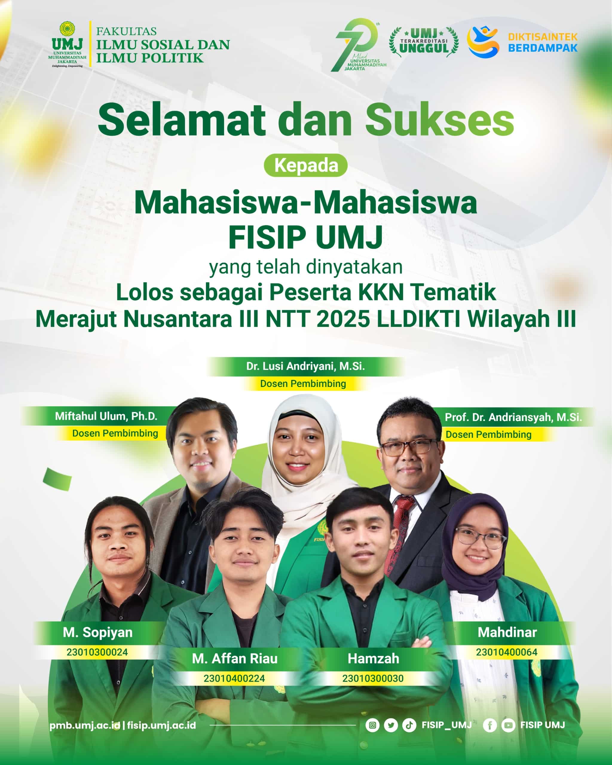 Dosen pembimbing dan Mahasisiswa UMJ yang lolos sebagai peserta KKN Tematik Merajut Nusantara III di NTT (Foto: IG FISIP UMJ)