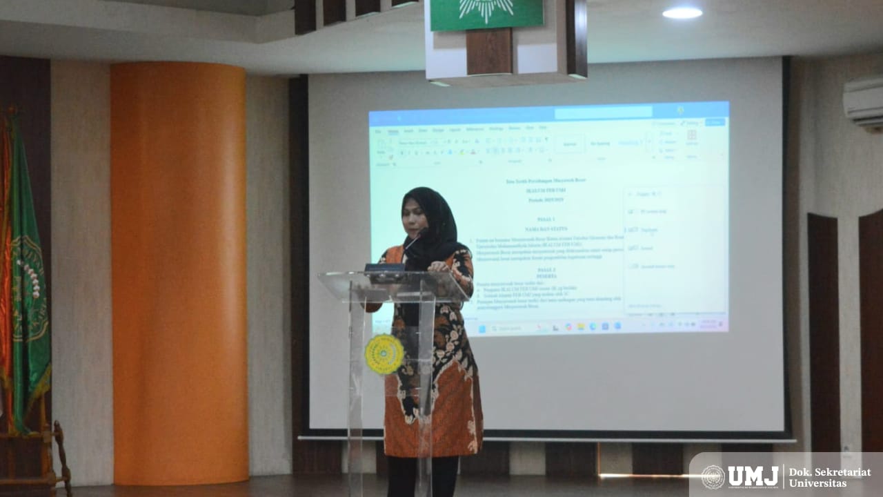 sambutan Ketua Umum terpilih Ikatan Alumni (IKALUM) Fakultas Ekonomi dan Bisnis Universitas Muhammadiyah ( FEB UMJ) periode 2025-2029 pada Sabtu, 23 Agustus 2025. (Foto: KSU/Dok.pribadi)