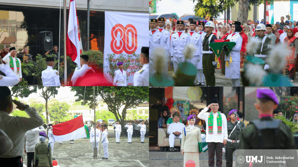 Upacara Peringatan Hari Ulang Tahun (HUT) ke-80 Kemerdekaan Republik Indonesia (RI) di Plaza Fakultas Ilmu Sosial dan Ilmu Politik (FISIP) UMJ, pada Minggu (17/08/2025). (Foto : KSU/Fahmi)