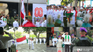 Upacara Peringatan Hari Ulang Tahun (HUT) ke-80 Kemerdekaan Republik Indonesia (RI) di Plaza Fakultas Ilmu Sosial dan Ilmu Politik (FISIP) UMJ, pada Minggu (17/08/2025). (Foto : KSU/Fahmi)
