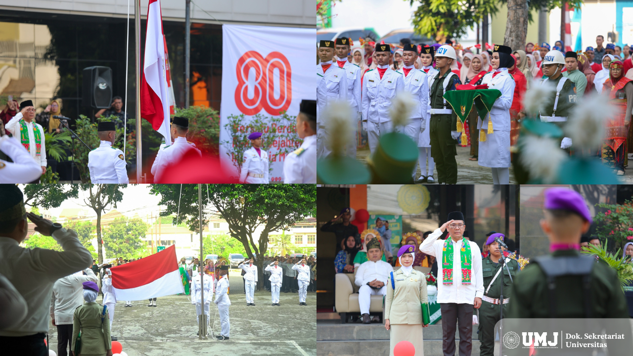 Upacara Peringatan Hari Ulang Tahun (HUT) ke-80 Kemerdekaan Republik Indonesia (RI) di Plaza Fakultas Ilmu Sosial dan Ilmu Politik (FISIP) UMJ, pada Minggu (17/08/2025). (Foto : KSU/Fahmi)