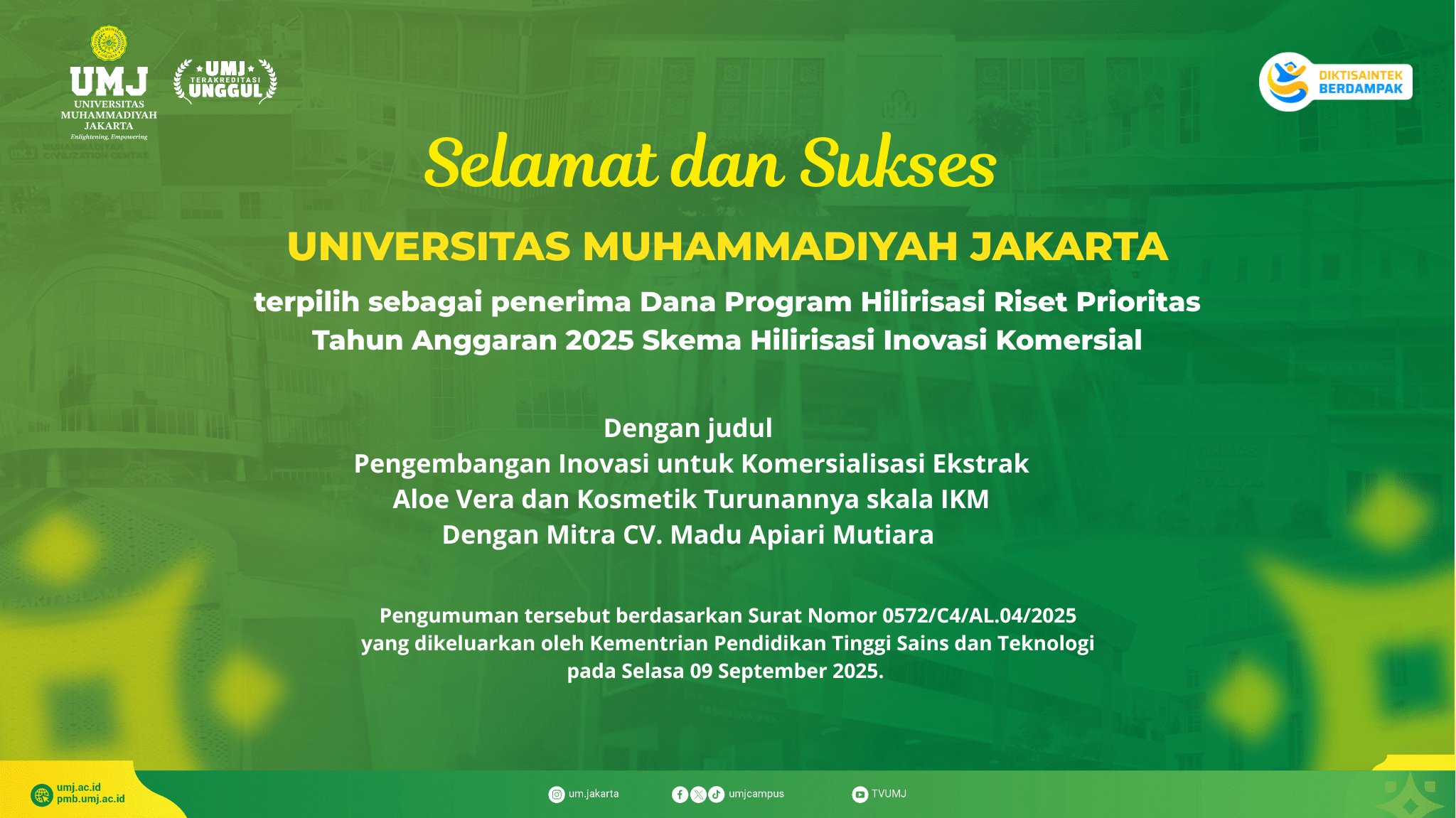 UMJ Raih Hibah Hilirisasi Riset Prioritas 2025 dari Kemdiktisaintek