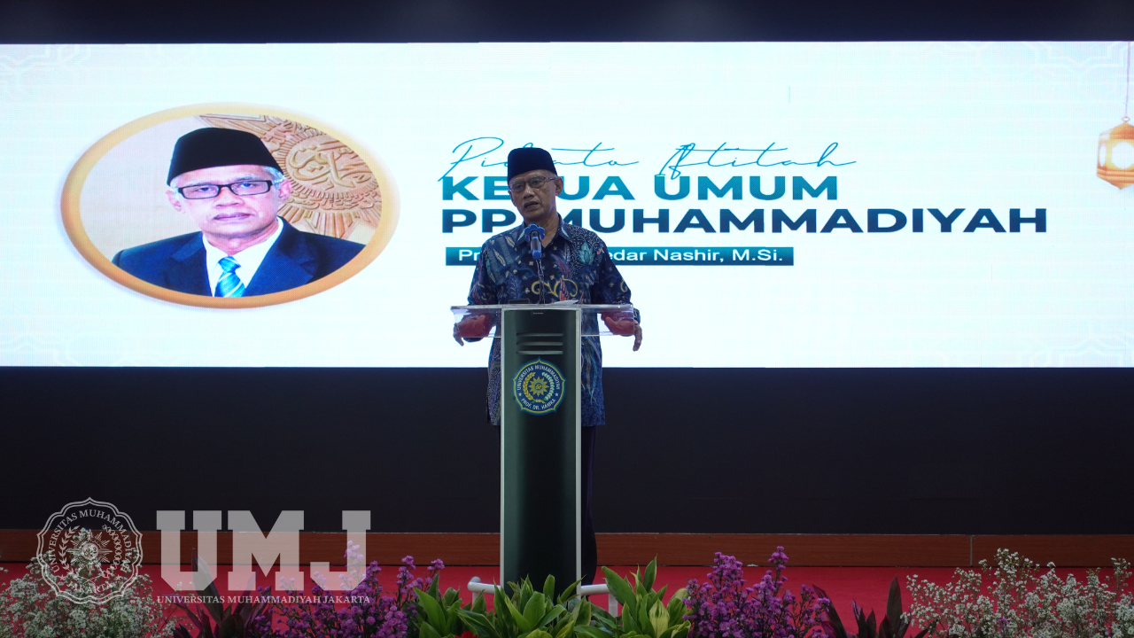 Ketua Umum PP Muhammadiyah Prof. Haedar Nasir, M.Si saat menyampaikan Pidato Iftitah di Aula K.H Ahmad Dahlan FKIP UHAMKA, Jum'at (31/03/2023).